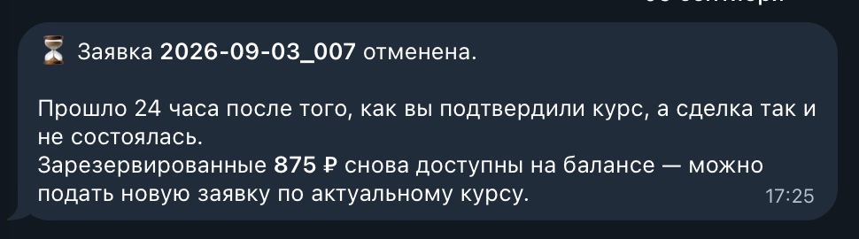 Прошли сутки после согласования курса, заявка отменена, деньги вернулись.