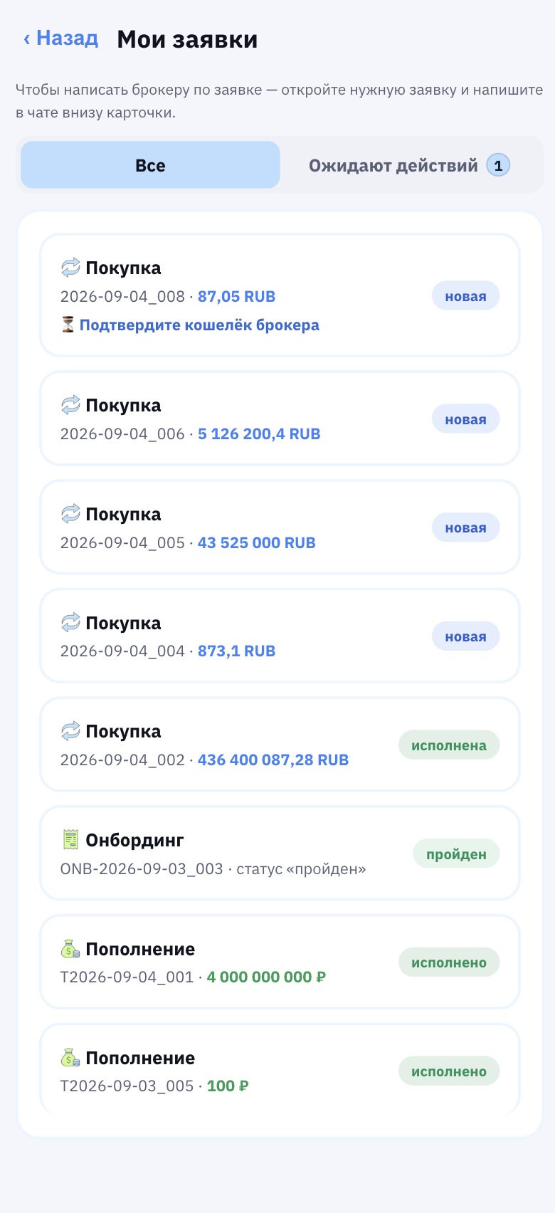 В списке заявок метка «Подтвердите кошелёк брокера».