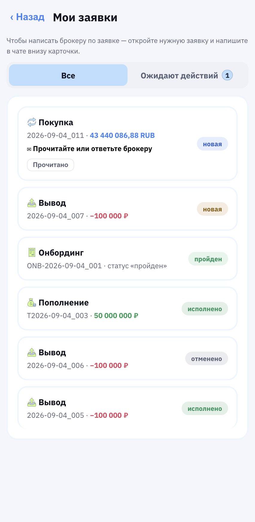 «Мои заявки»: статусы и метки нужных действий.