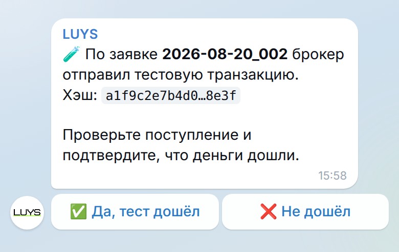 Бот спрашивает про тестовую транзакцию.