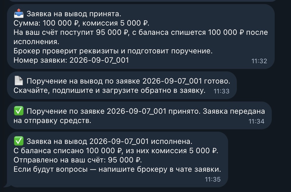 Цепочка уведомлений по выводу: заявка принята, поручение готово, поручение принято, вывод исполнен.